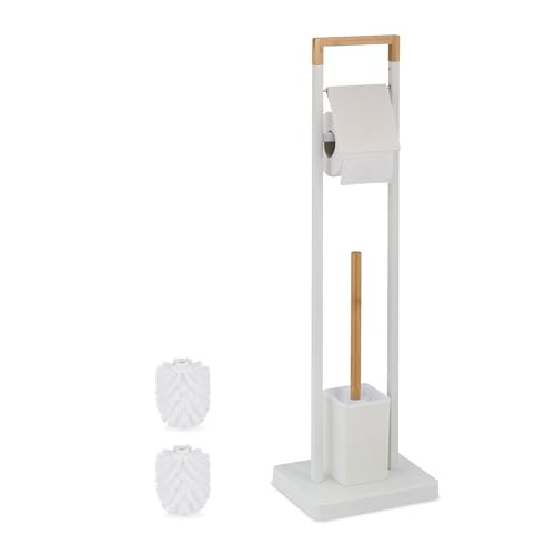 Relaxdays Toiletaccessoires set met toiletborstel en vrijstaande wc-rolhouder, bamboe en rvs, wit