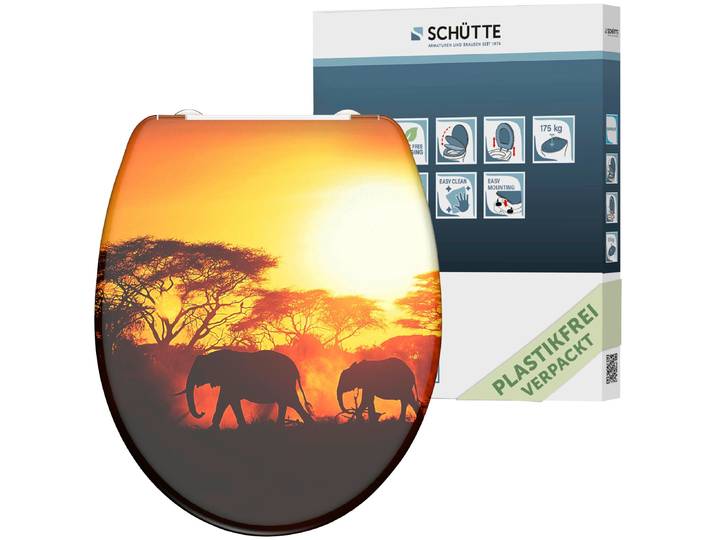 WC-Sitz SCHÜTTE Africa , bunt (gelb, orange, schwarz), B:375cm L:450cm, Duroplast, WC-Sitze, WC-Sitz, Duroplast, mit Absenkautomatik und Schnellverschluss
