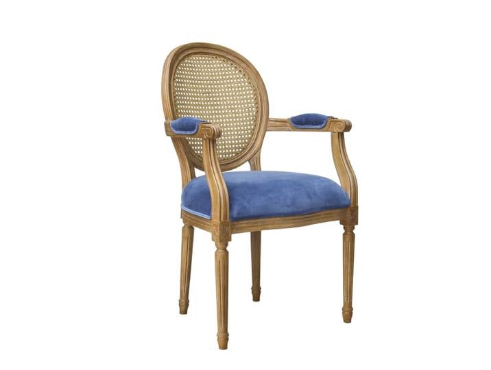 Fauteuil de table style classique en hévéa, cannage et bleu orage