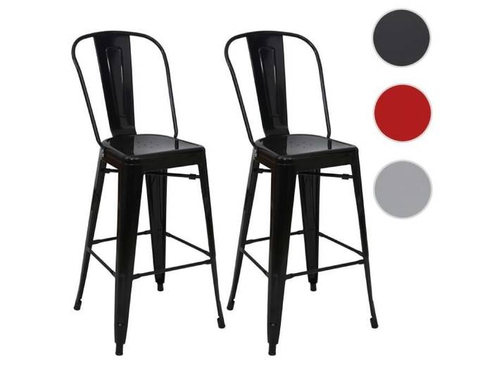 Lot de 2 tabourets de bar HWC-A73 avec dossier design industriel métal noir