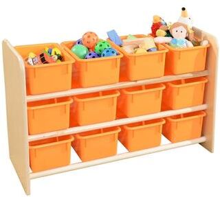 "Wood Designs Sturdy 3 shelf Storage Rack with 12 Orange Pastel Color Trays, Birch Wood Storage Organizer Unit - 21"""