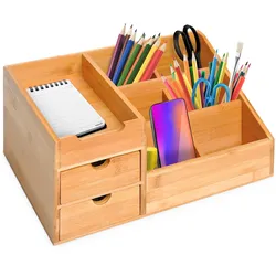 OKWISH Schreibtischorganizer 33x20x15 mit 2 Schubladen, Fächer, Büro, Homeoffice, Stauraum, Ordnung, Bambus, Naturfarbe
