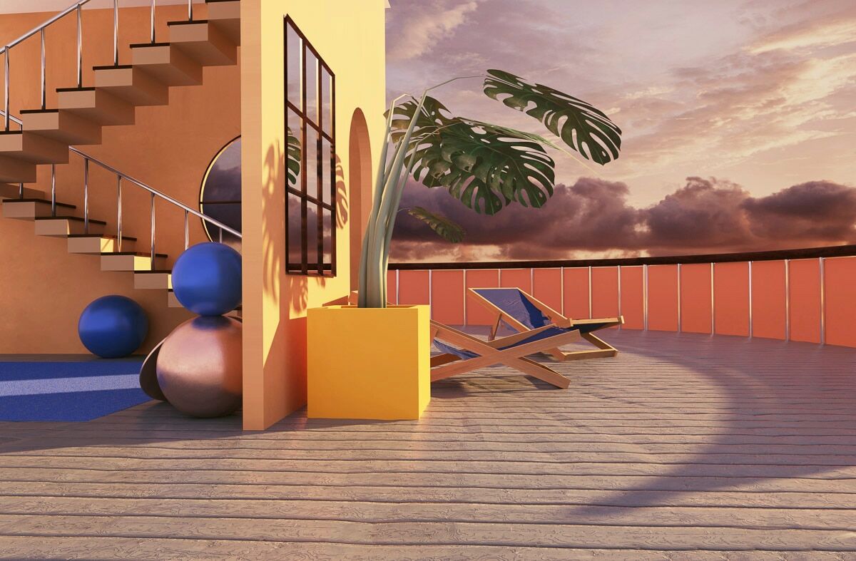 Fototapete PAPERMOON "3D DESIGN-PALMEN und TERRASSE", bunt, B:4m L:2,6m, Vlies, Tapeten, Fototapete bunt B/L: 4m x 2,6m, Bahnen: 8 Stk.