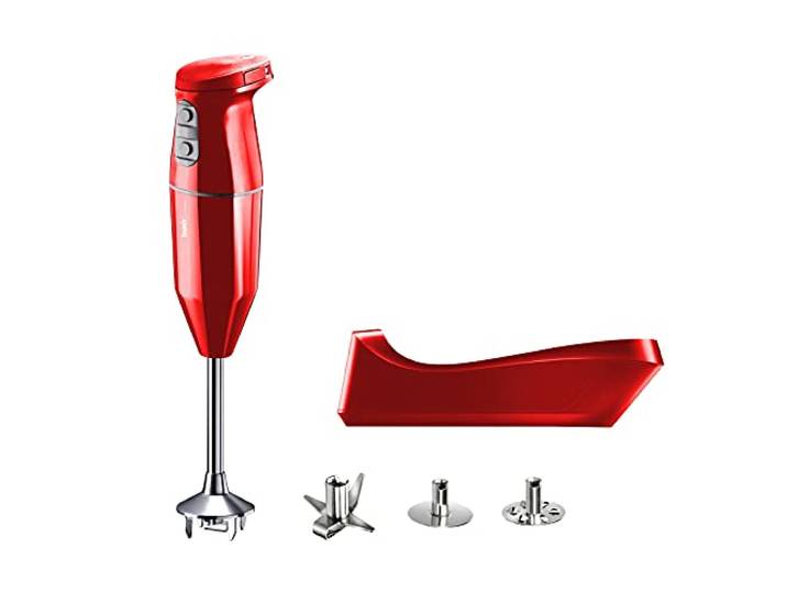 bamix Stabmixer Set cordless PLUS kabelloses, inkl. Multimesser, Quirl, Schlagscheibe aus Edelstahl, 250 Watt, 3-Stufen, Made in Switzerland, Rot