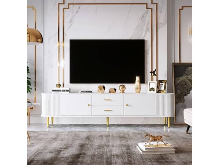 BTM TV-Schrank mit Schubladen, geschwungenen Ecken, Wohnzimmer-TV-Schrank mit gewellten Seiten, goldenen Griffen und Beinen