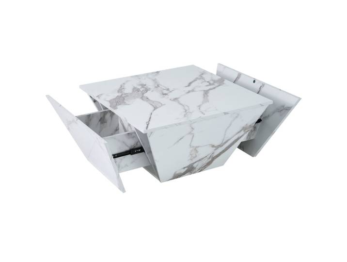 Table basse trapézoïdale blanche avec tiroirs de rangement 70x70x37 cm