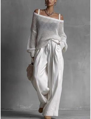 Fashion Sheath Aura Knit Summer Set Womens Mesh Crochet Knit Top And Wide Leg Pants white s