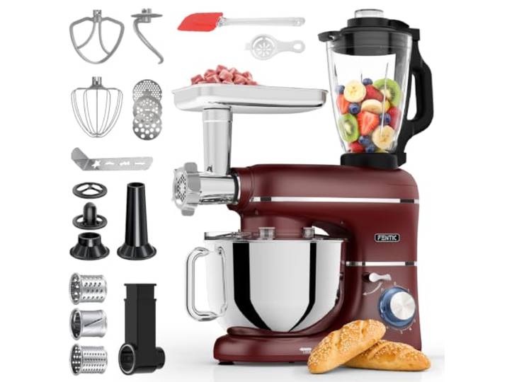 Fentic 6-in-1 Küchenmaschine – 2000W – Mit Fleischwolf, 1,5L Entsafter, Gemüseschneider und Mehr – Knetmaschine mit 6,2L Rührschüssel, Rührhaken, Knethaken, Schlagbesen und Spritzschutz (Rot)
