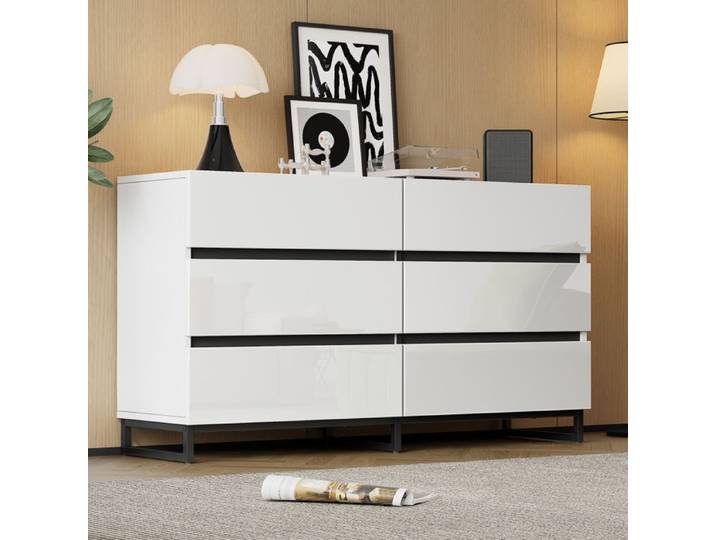 Buffet de salon - 6 tiroirs - Haute brillance - Blanc+Noir - 140x39 5x78 5cm - Buffet moderne