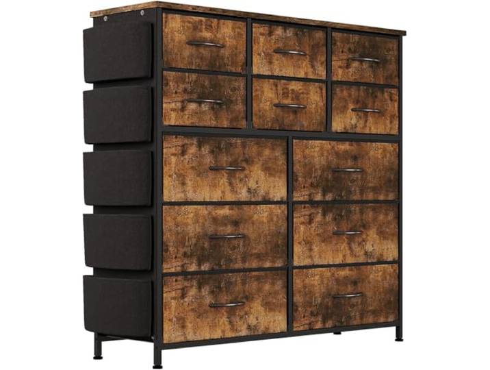 Zstar Kommode für Schlafzimmer mit 12 Schubladen, Aufbewahrungsschrank aus Stoff mit Metallrahmen, Moderne Dekoration Holztischplatte Kommode für Schlafzimmer, Schrank, Flur, Eingangsbereich