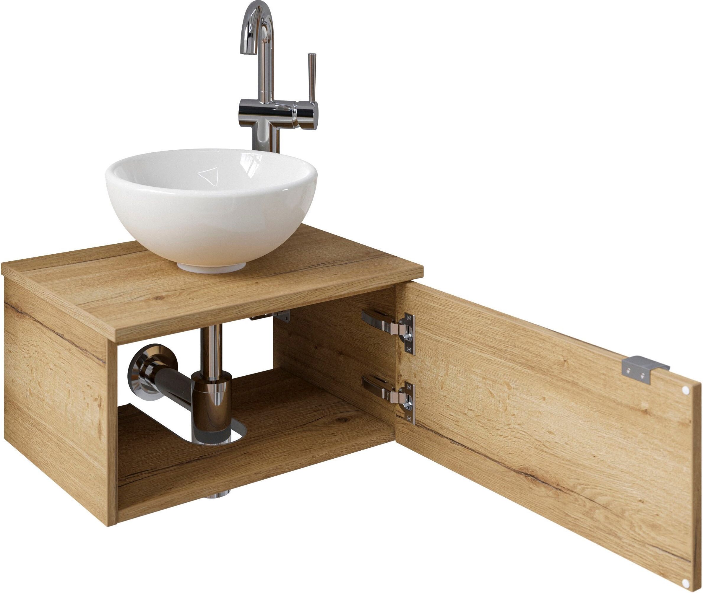 Waschtisch SAPHIR "Serie 6915 Waschschale mit Unterschrank für Gästebad, Gäste WC", braun (halifax eiche, halifax eiche, halifax eiche quer nb), B:51cm H:39,8cm T:35cm, Waschtische, Waschtisch, 51 cm breit, 1 Tür, Waschtischplatte, kleine Bäder, ohne Arma