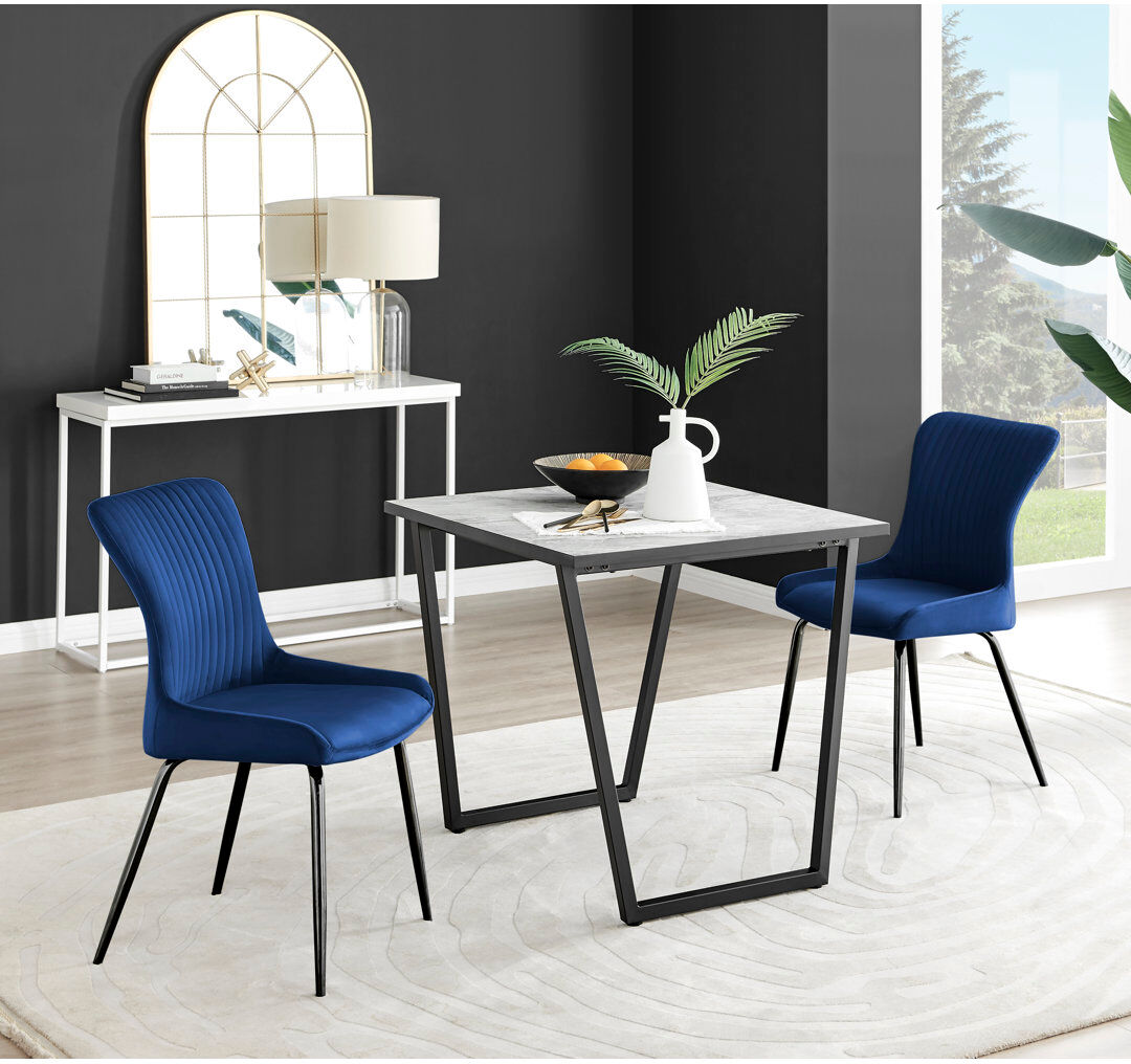 Canora Grey Industrial Design White & Grey Marble Effect Melamine Dining Table and 2 Velvet Dining Chairs Blue/Black 2