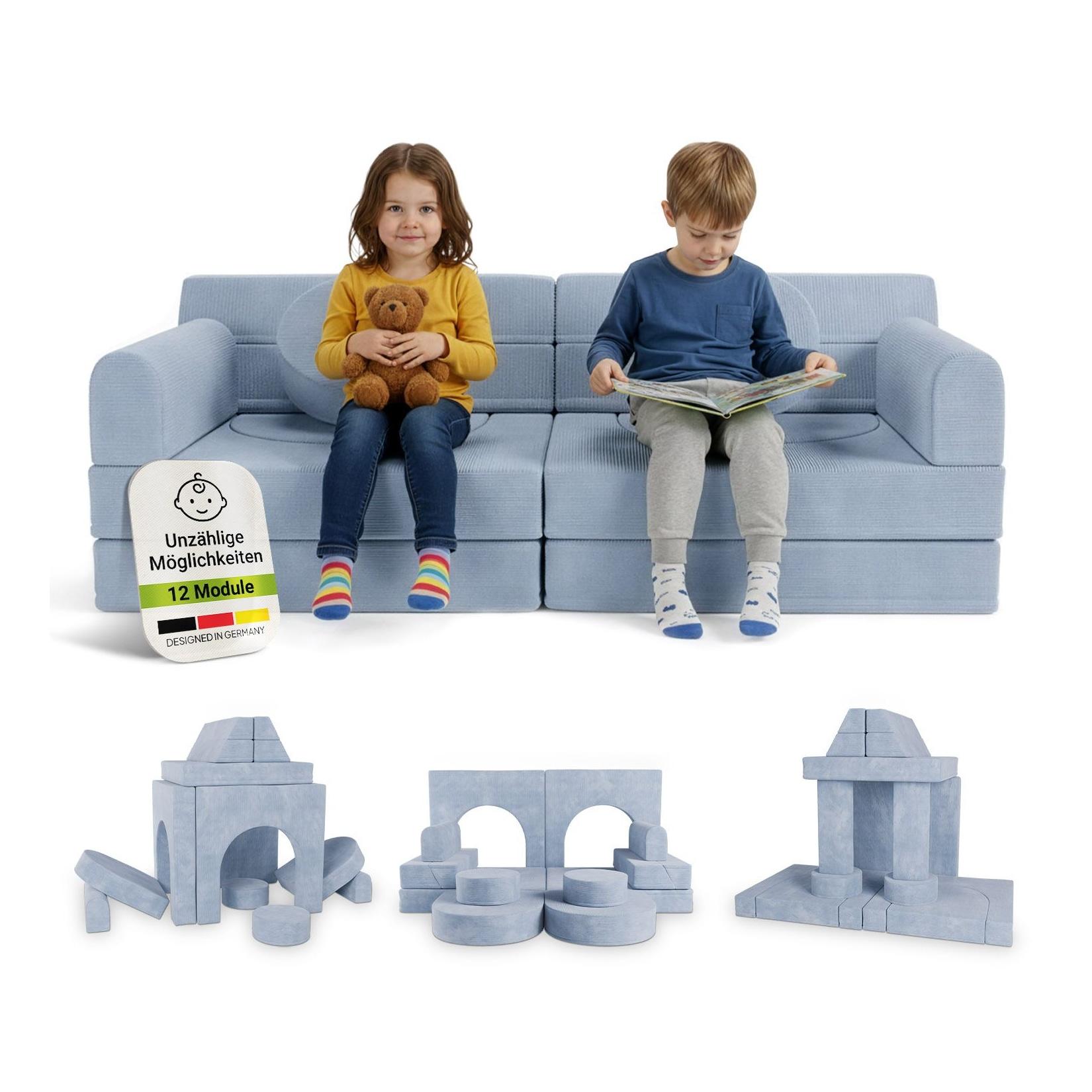 Juskys Kinder Spielsofa Kayo - Hellblau, baubare Stapelsteine für Kinder, pflegeleichte Kindercouch aus Cord