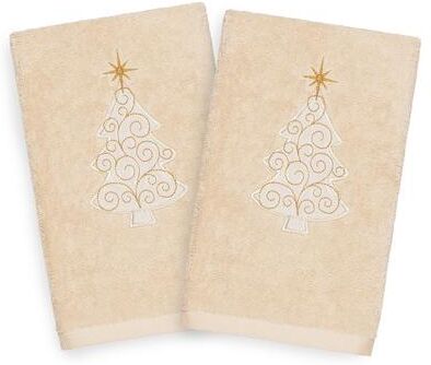 Authentic Hotel and Spa Turkish Cotton Christmas Scroll Tree Beige Set of 2 Hand Towels