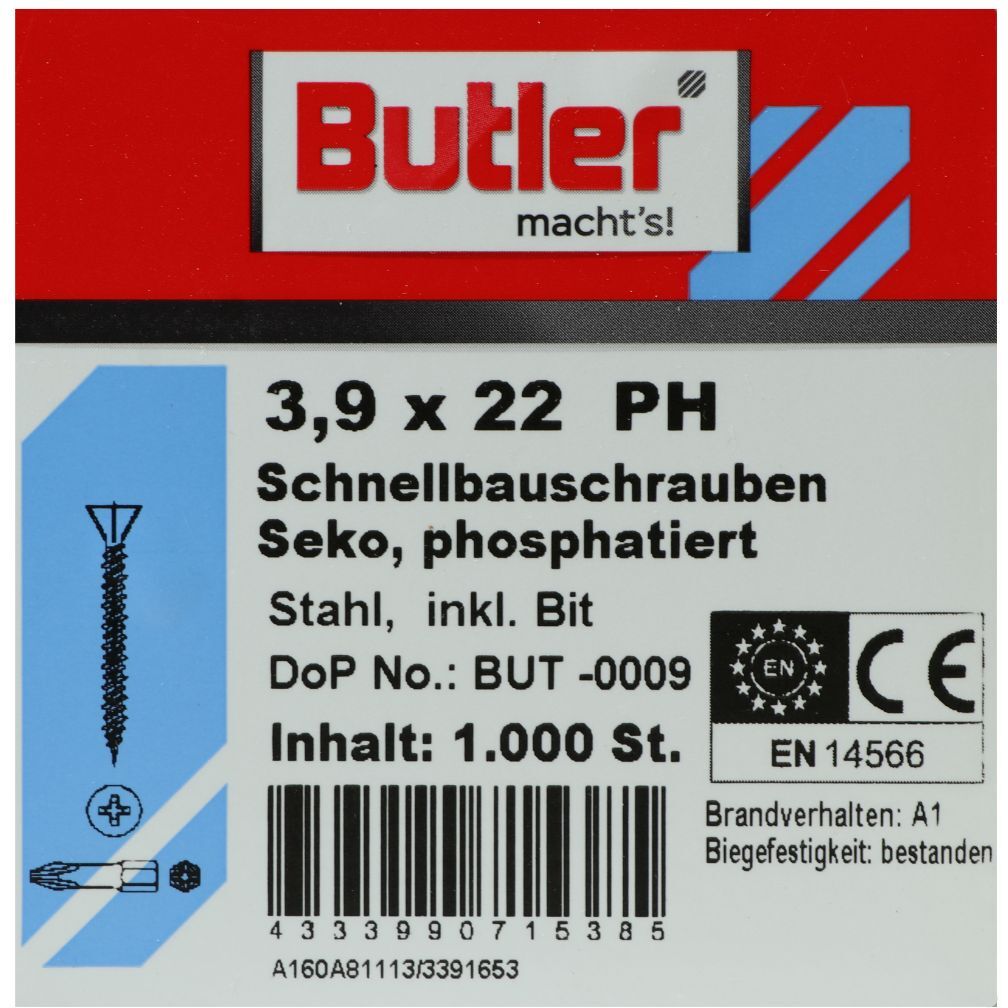 REYHER Butler macht's! Schnellbauschrauben inkl. Bit für Faserplatten auf Holz und Metall bis 0,6 mm, HiLo-Gewinde, PH2, 3,9 x 22 mm, 1.000 Stück