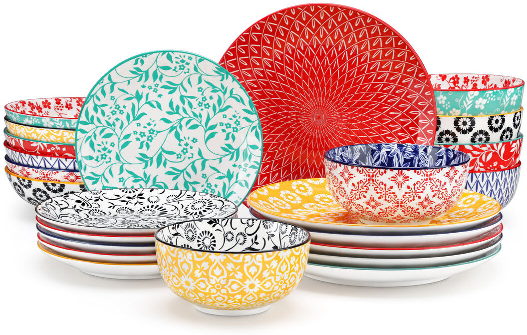 Vancasso Porcelain China Dinnerware Set Piece - Service for 6 Yellow;Red;Green;Black;Blue
