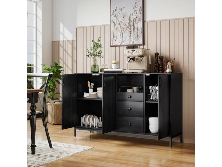 HOMCOM Buffet Noir 3 Portes 3 Tiroirs Étagères Réglables