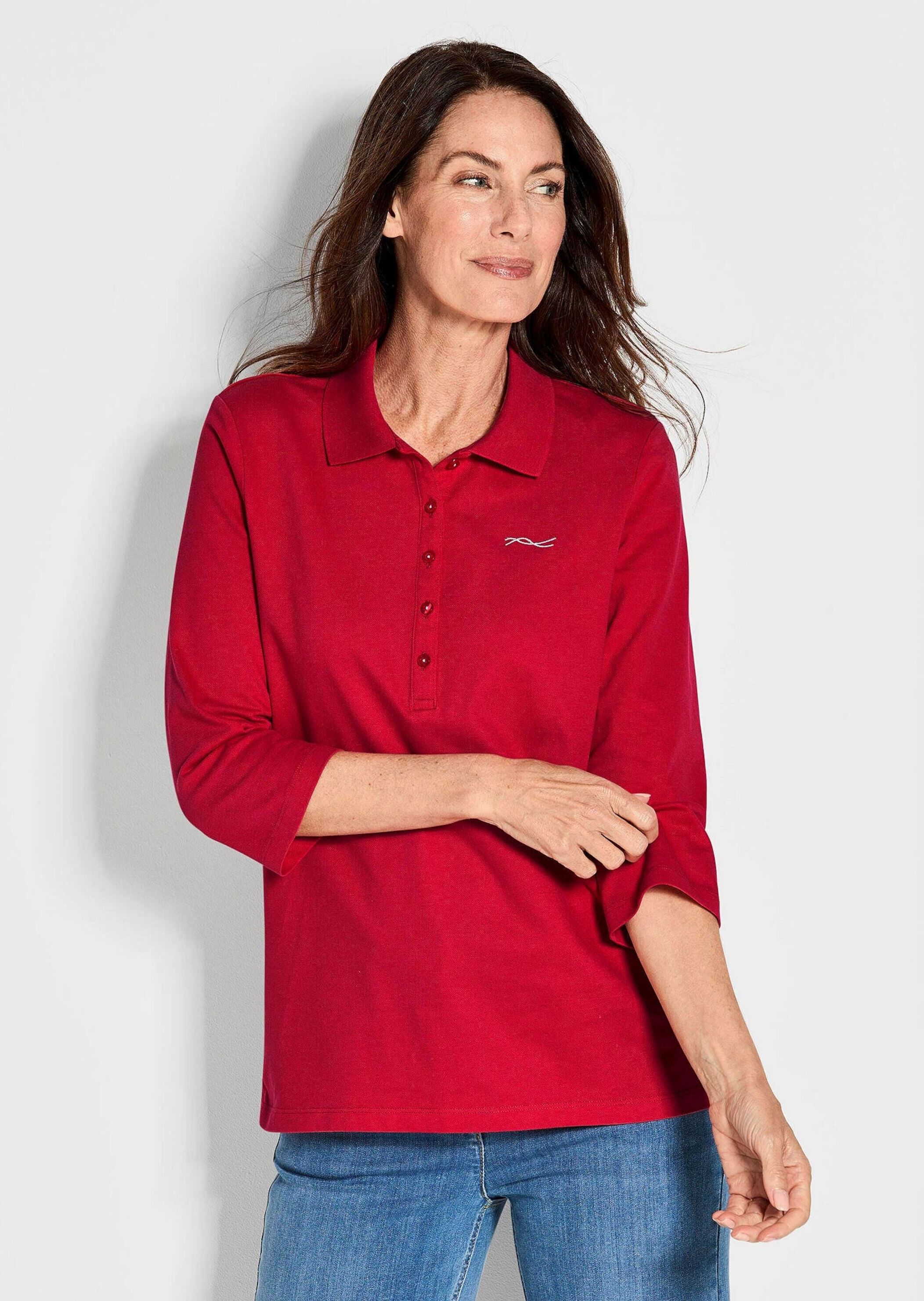 Poloshirt GOLDNER "Baumwollshirt mit Glanzakzenten", Damen, Gr. 50, rot (mohnrot), Obermaterial: 94% Baumwolle CO. 6% Elasthan EL., Sonstiges, Shirts Poloshirt, Ohne