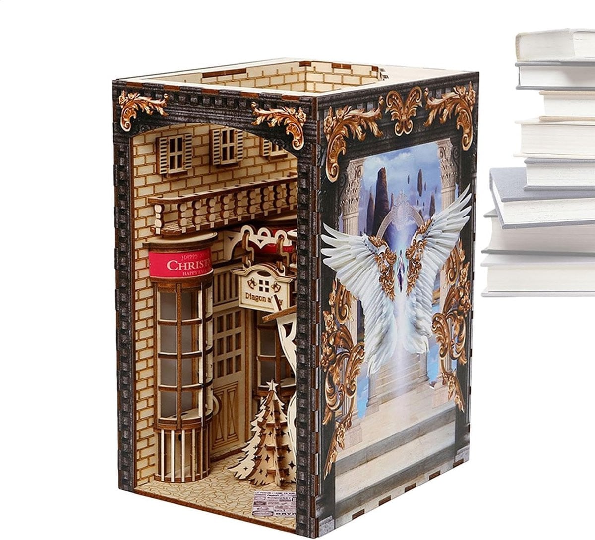 Boekenplank Decoratie Miniatuur Huisje met LED Licht - Houtkleur - 32 x 23 cm