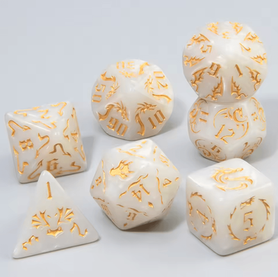 Inspire Curations 7 Piece Dragon Pattern Marble Polyhedral Dice Set For DND RPG Games white