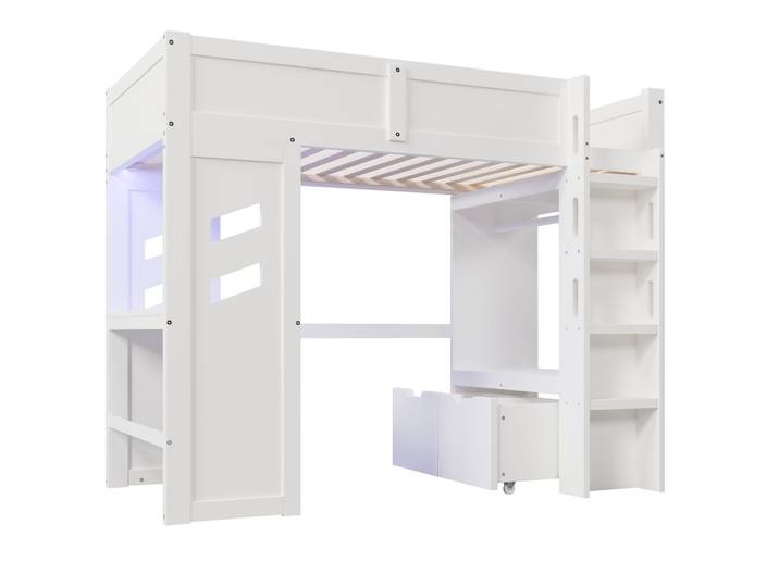 Lit Mezzanine 90x200 Cm Blanc Avec Bureau Led Usb-c Et Rangements Homvra