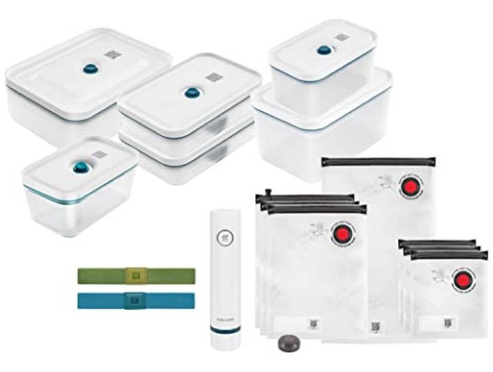 ZWILLING Fresh & Save Vakuum Starterset für Lebensmittel, 16-teilig, Pumpe, Dosen und Beutel, Glas, Blau-La Mer