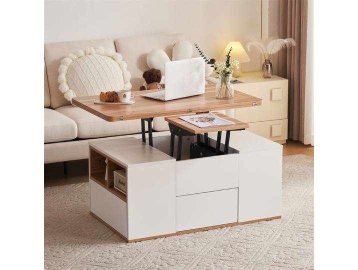 Table basse 2 en 1 Plateau Relevable 2 tiroirs Rangement salon 100x51x47cm Blanc