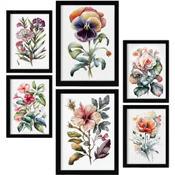 POSTER Set Mit 6 Dunkle Blumen Vollfarbige Natur Und Botanikdrucke Mit Blumenmotiven Auf Reinweißen Hintergründen A3 & A4 Schwarzer Rahmen