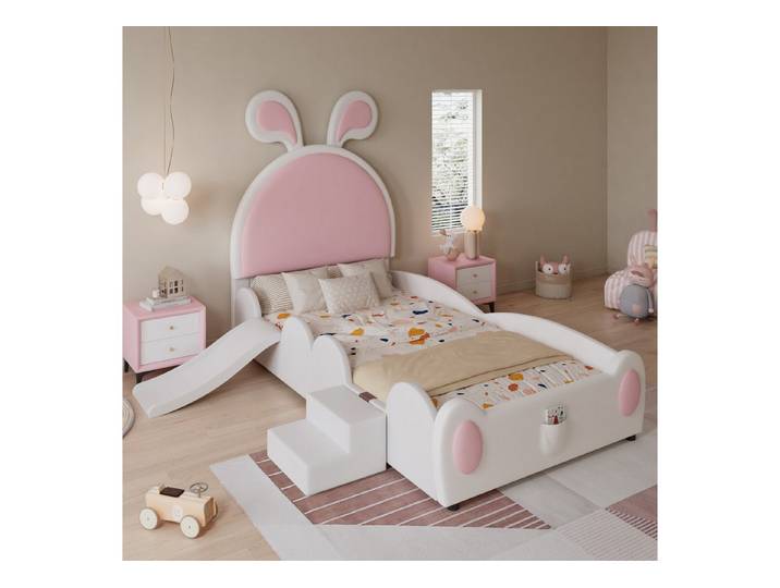 Odikalo Kinderbett Polsterbett Einzelbett Treppe Kinderrutsche Kopfteil PU90x200Weiß+Rosa