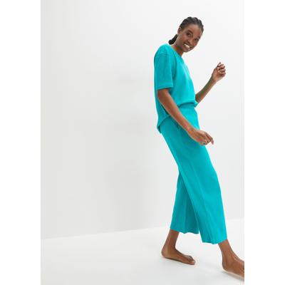 Hausanzug BONPRIX, Damen, Gr. 48/50 (XL), blau (smaragd), Obermaterial: 100% Baumwolle, oversize, Homewear-Sets Hausanzug, aus Baumwolle, Oversize-Passform, gerippte Struktur, weite Hose