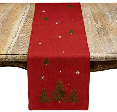 Saro Embroidered Christmas Tree Table Runner - Snowflake Accents and Bow-Topped Evergreen Design for Festive Dining & Entertaining