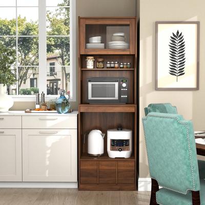 Kodotan sofa Walnut Wine Cabinet with Glass door & drawer, Bar Storage Credenza with 3-Tier Open Shelves and Cupboard, Freestanding Liquor