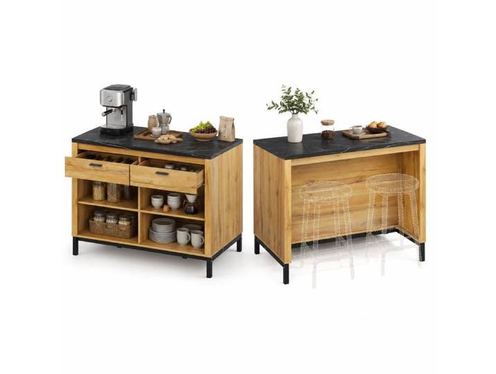 Îlot de cuisine - FURNITURER - 120x75x90 cm - 2 tiroirs - 4 compartiments ouverts - coin repas 2 pers