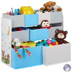 Relaxdays Kinderregal mit Motiv und 9 Boxen Weiß,Grau,Hellblau