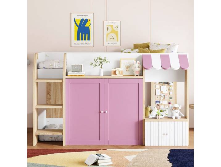 Lit 90x200cm lit enfant lit superposé échelle bois massif matelas non inclus blanc et rose