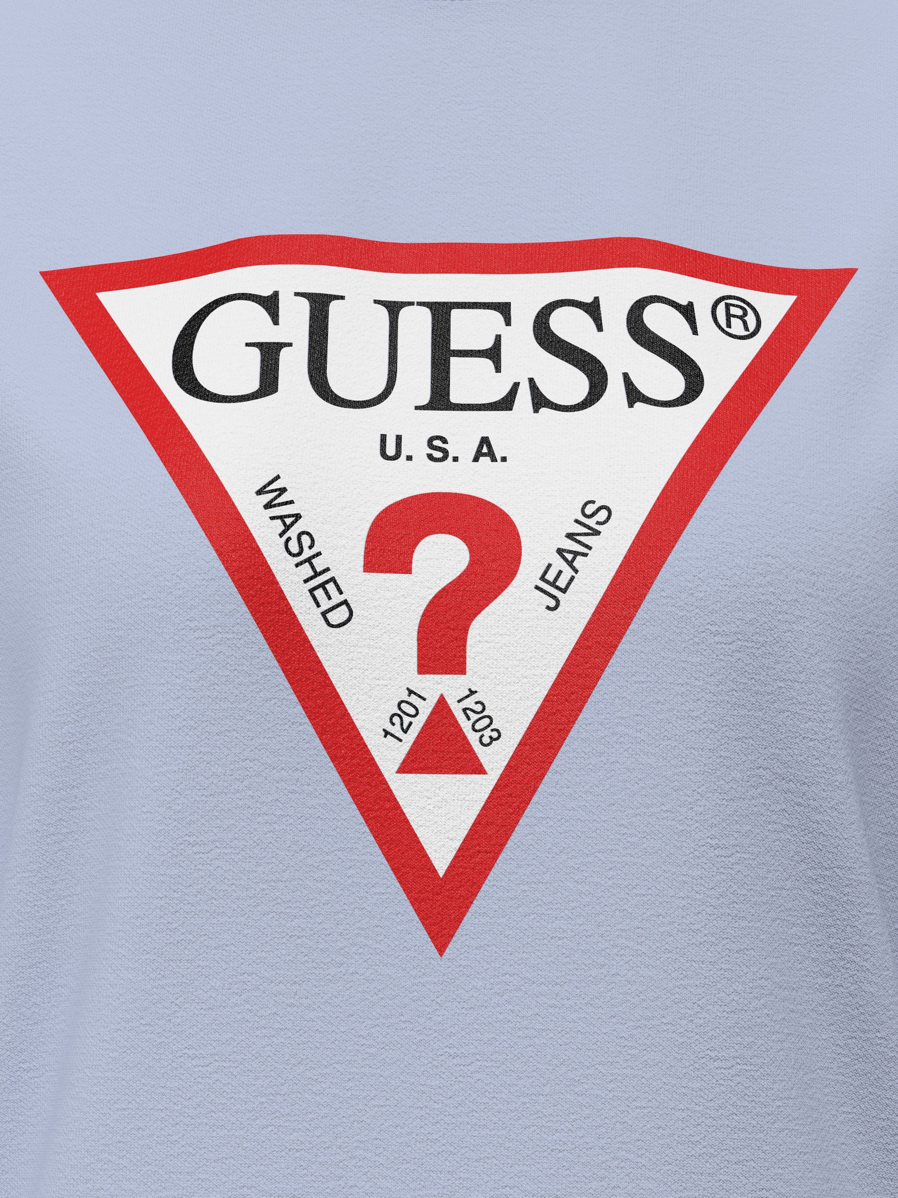 Sweatshirt GUESS "CN ORIGINAL FLEECE", Damen, Gr. M, blau (airway blau), Sweatware, Obermaterial: 74% Baumwolle, 26% Polyester, bedruckt, hüftlang, Rundhals, angesetztes Bündchen, Sweatshirts Sweatshirt, aus Baumwollmix, bedruckt airway blau M