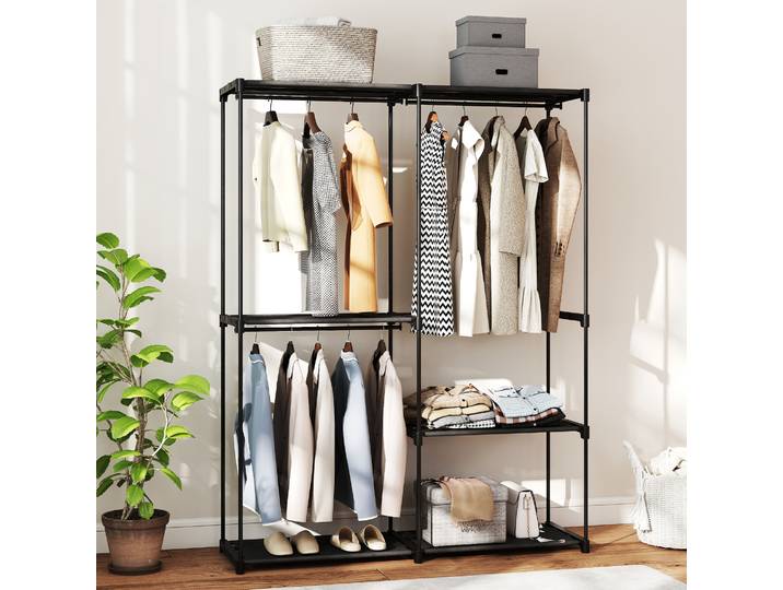 HOMCOM Armoire Portable Noir 3 Barres 4 Étagères 142x43x185cm