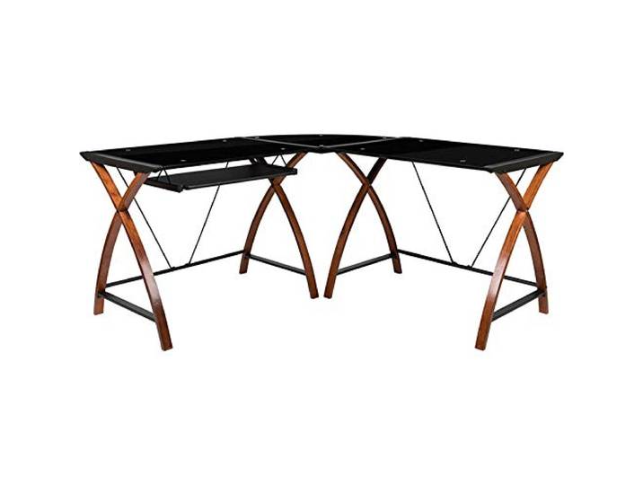 Flash Furniture Jude Eck-Computertisch mit ausziehbarer Tastaturablage aus Glas, L-Form, Schwarz