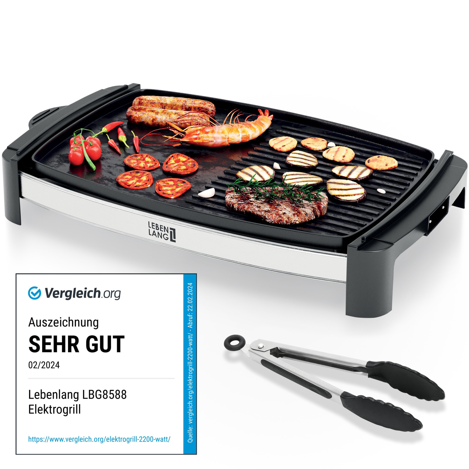 Leben Lang Elektrische tafelgrill 2000 Watt voor binnen en buiten gebruik