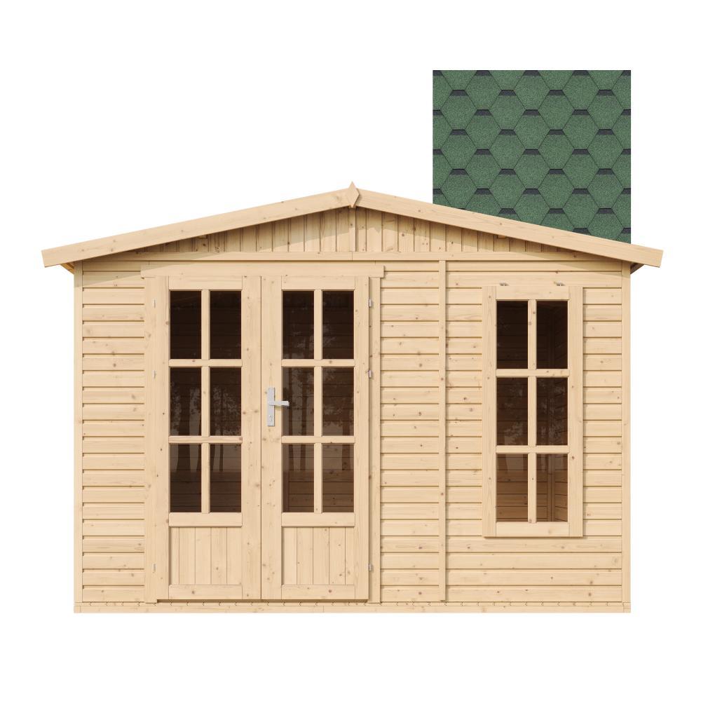 Gartenhaus Holz 6 m2 - H232 x 332 x 222 cm - Große multifunktionale Gartenhütte - Gerätehaus Holz Garten-Studio - Grün bituminöse Schindeln - TIMBELA M334FB+H334FBGREEN