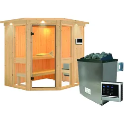 Karibu Amelia 1 - Sauna mit Eckeinstieg 68 mm-9 kW Ofen inkl. Steuergerät-inkl. Dachkranz
