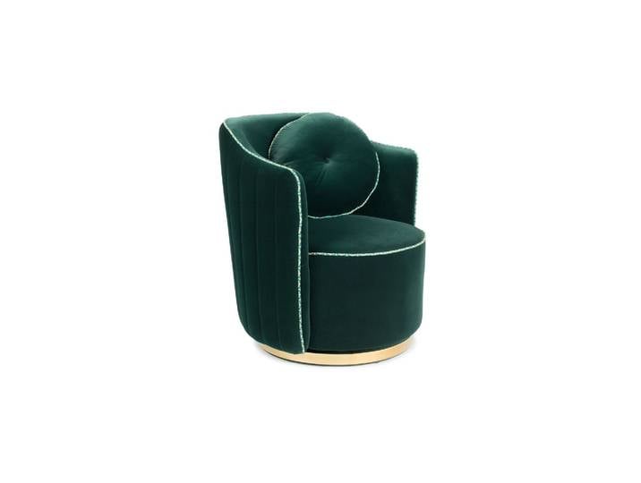Fauteuil en velours vert foncé, pivotant, coussin amovible, uni,