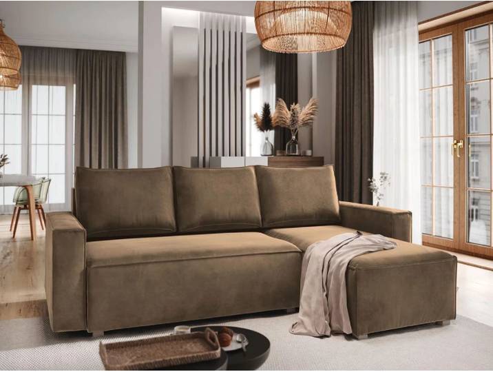 Hellbraunes Ecksofa CAVELO, ausziehbar, beidseitig