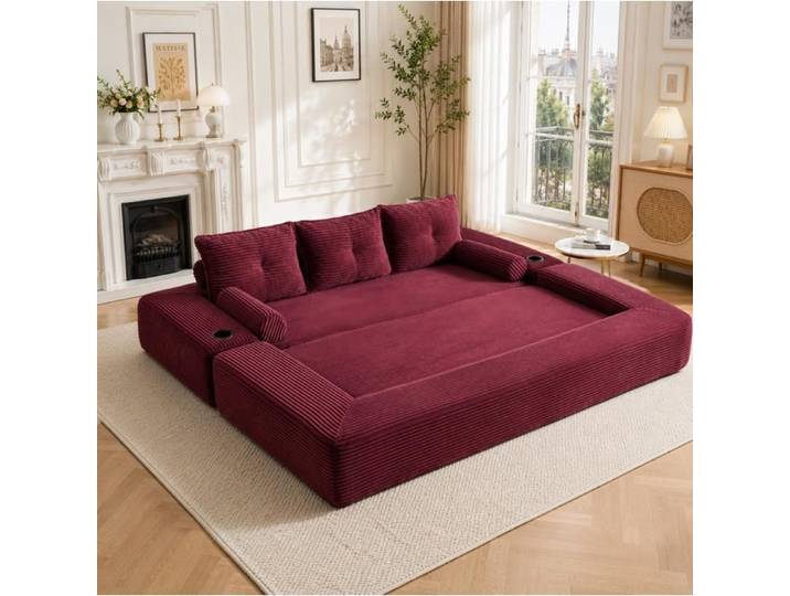 MEUBLIV Canapé convertible 3 places en tissu côtelé rouge bordeaux porte-gobelet poches latérales 232x98x80 cm