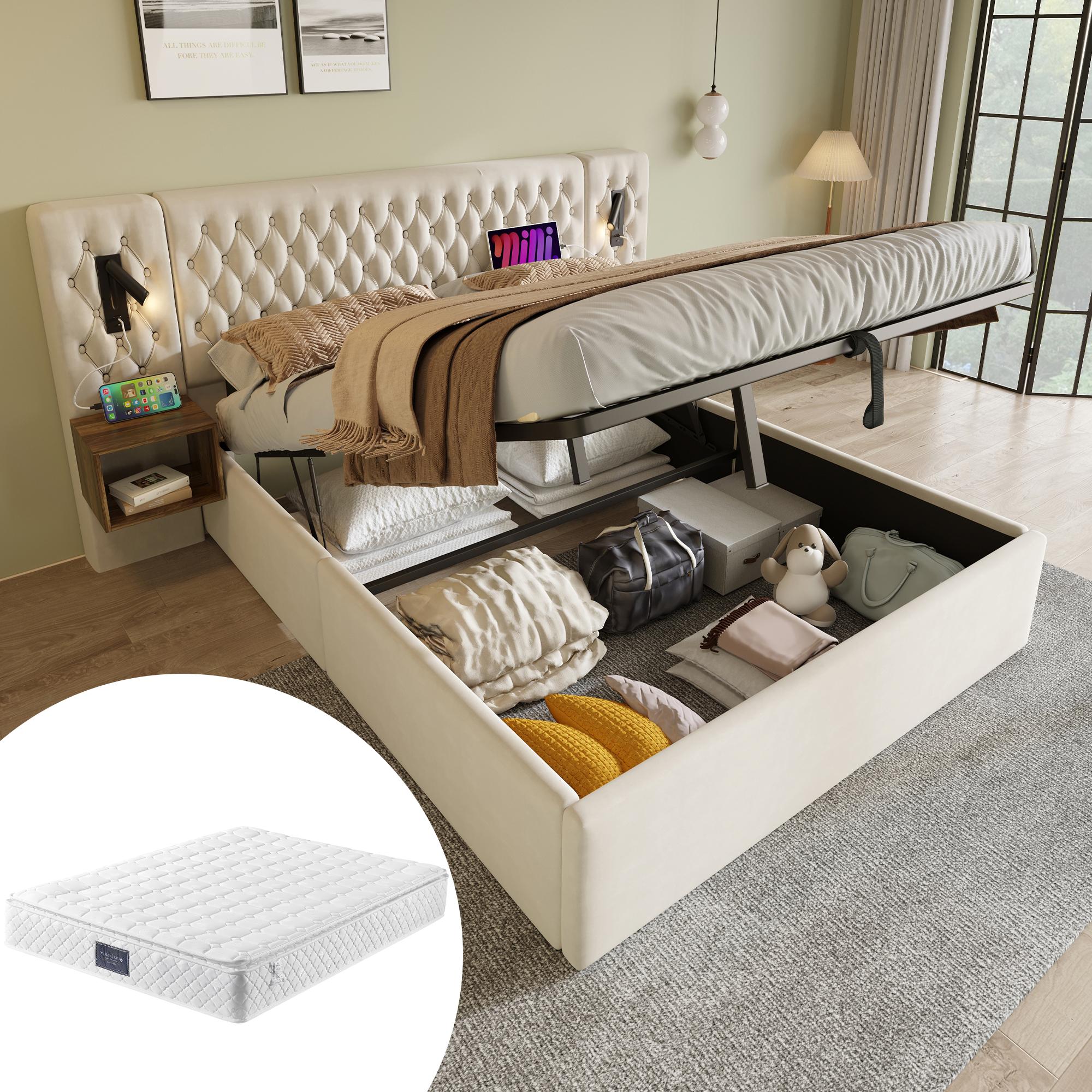 Bettanlage Schlafzimmer Komplett Set,Polsterbett Hydraulisch Stauraumbett Doppelbett 160×200 cm mit 2 Nachttischen