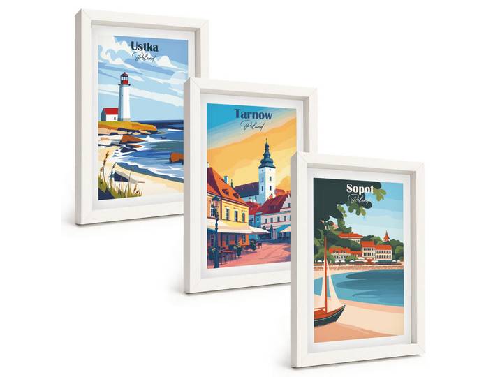 Tulup Bilder SET 3er Set - 20x30 cm Weißer Rahmen - Stadtansichten Ustka Tarnów Sopot, Kunststoff, Rechteckig, 20x30 cm, gerahmt, Bilder & Rahmen, Bilder