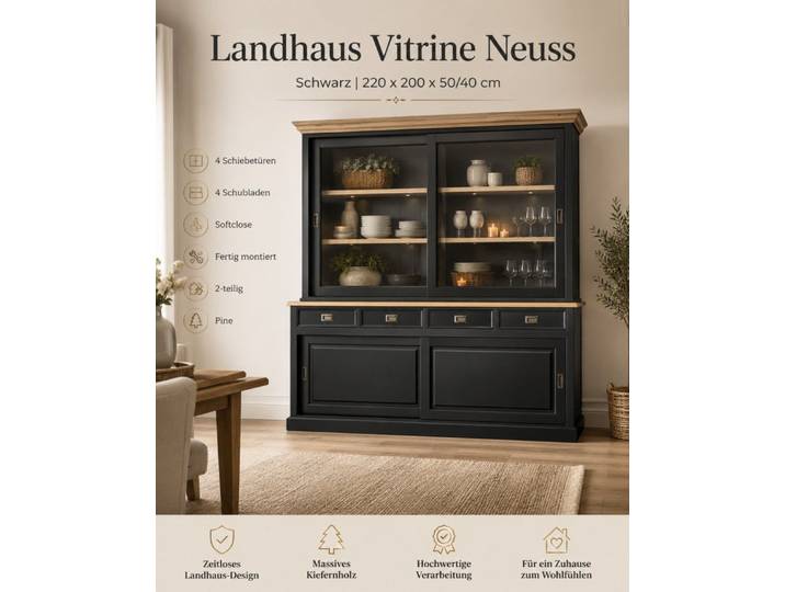 Wohnpalast Buffet Vitrinen Schrank Neuss 200 cm schwarz/eiche