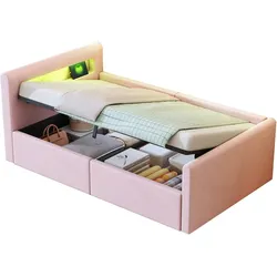 Polsterbett 90x200 mit LED-Licht und USB-Anschluss, rosa Samtbezug, hydraulischer Stauraum, Lattenrost inklusive – modernes Design