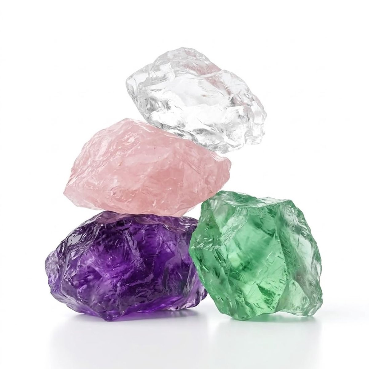 Set van 4 natuurlijke ruwe kristallen (amethist, rozenkwarts, bergkristal, fluoriet), 3-5 cm