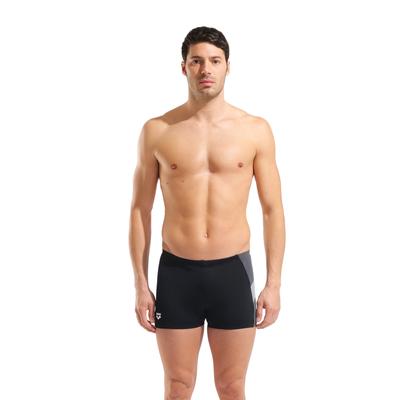 Badeshorts ARENA "M ARENA PRINTED SPLICE SWIM SHORT", Herren, Gr. 6, N-Gr, schwarz (schwarz, asphalt), Obermaterial: 100% Polyester, Badehosen Badeshorts, für Wettkampfschwimmer und regelmäßige Schwimmer, schnelltrocknend